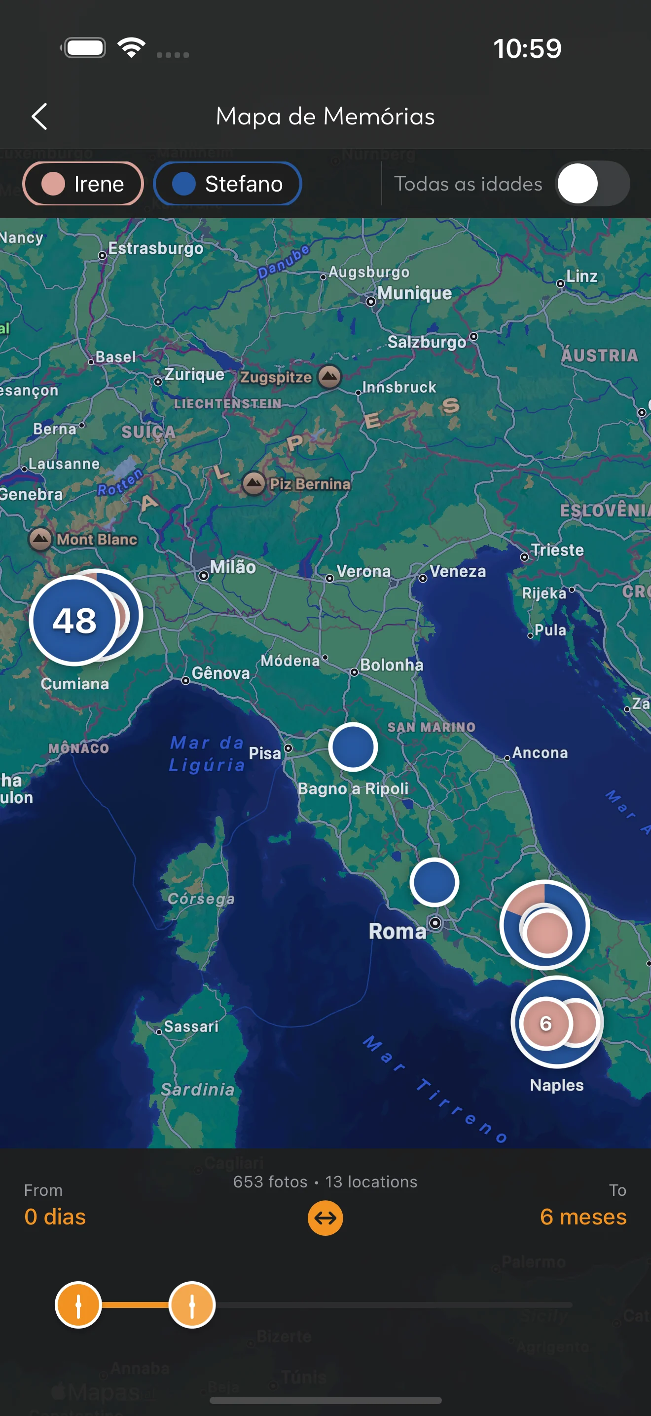 Mapa de memórias mostrando locais das fotos