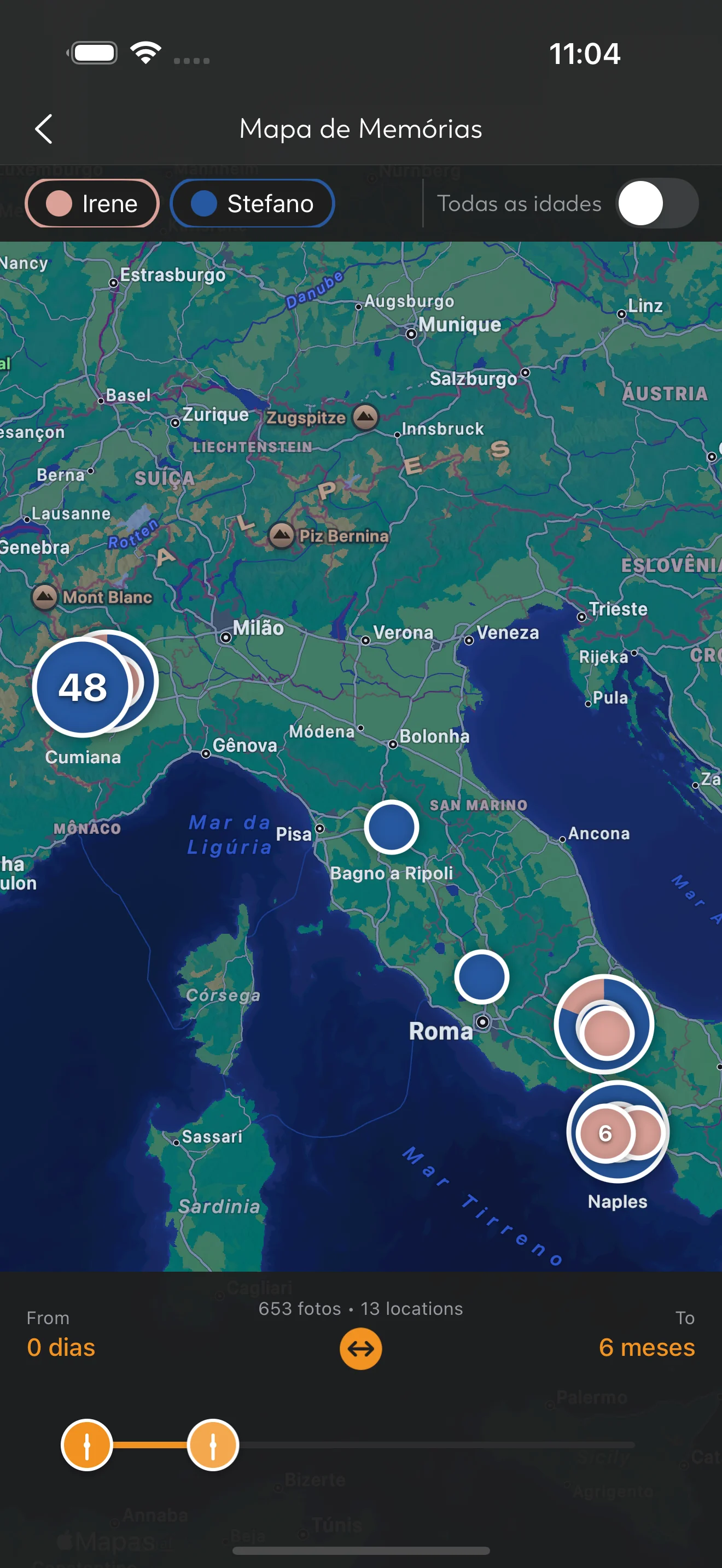 Mapa de memórias mostrando locais das fotos