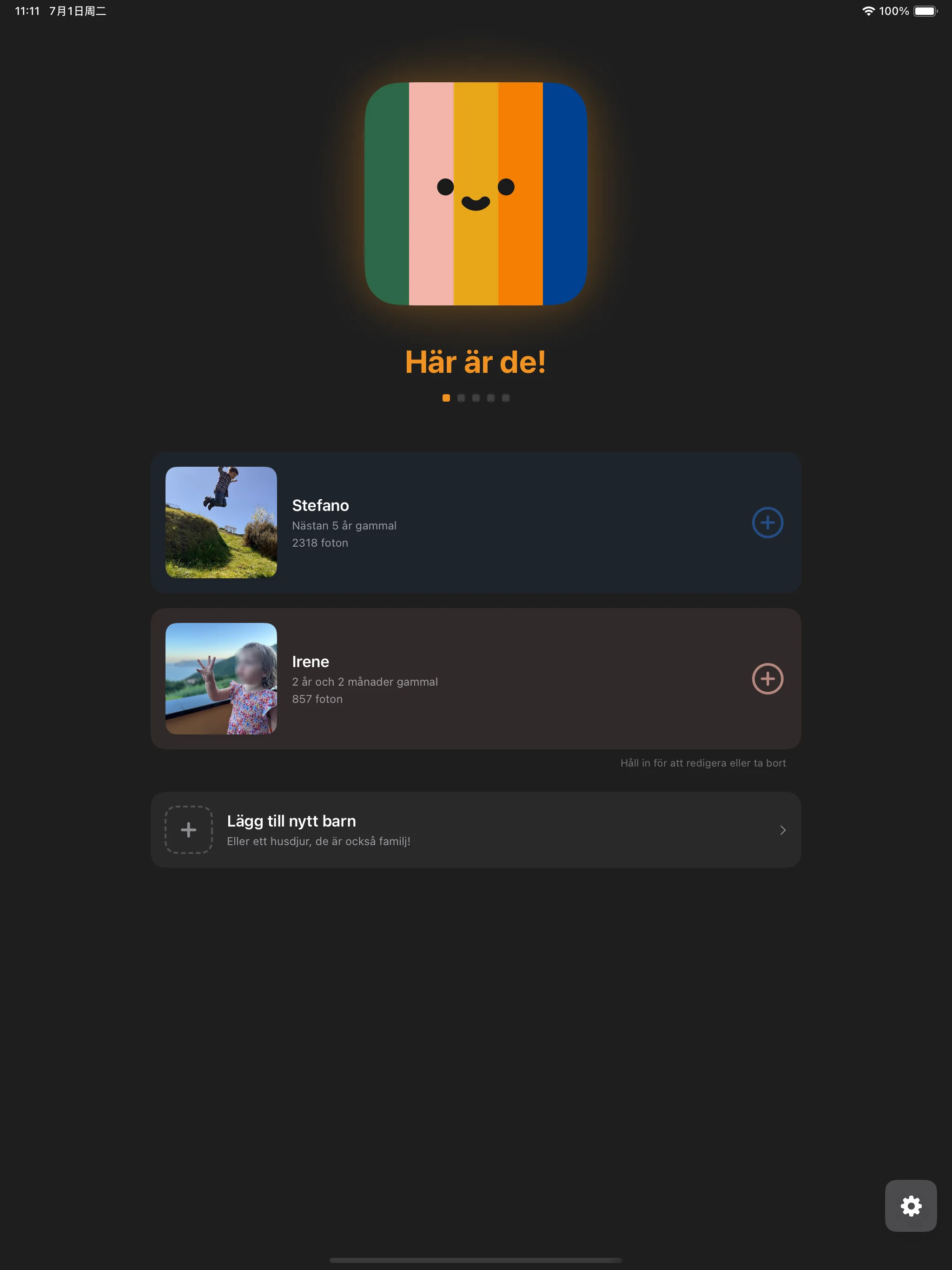 Barndashboard med profiler och foton